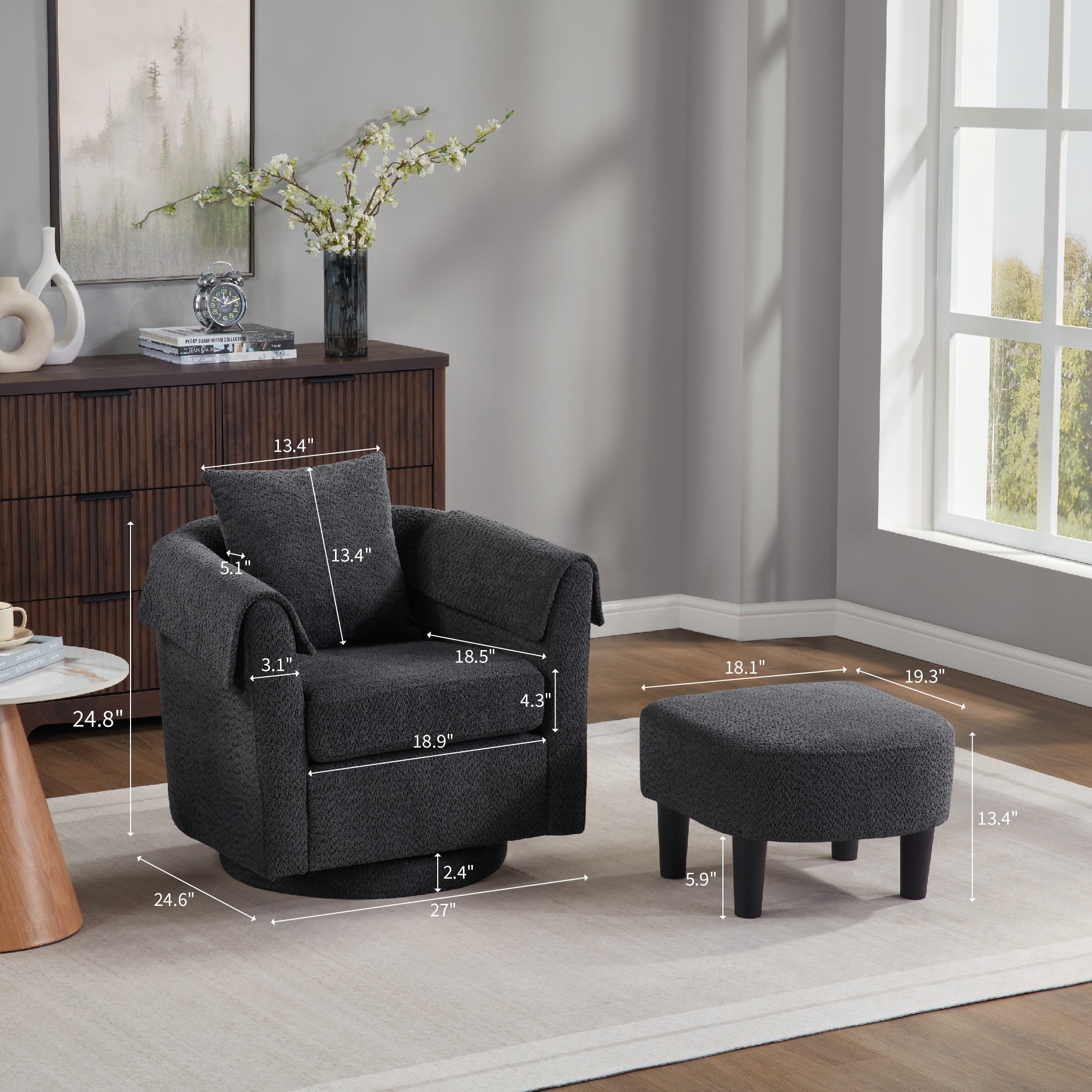 Swivel Accent Chair With Ottoman Set, Modern Chenille Barrel Armchair With Removable Back Pillow & 2 Armrest Covers For Living Room, Bedroom, Office, Black_voghion.com